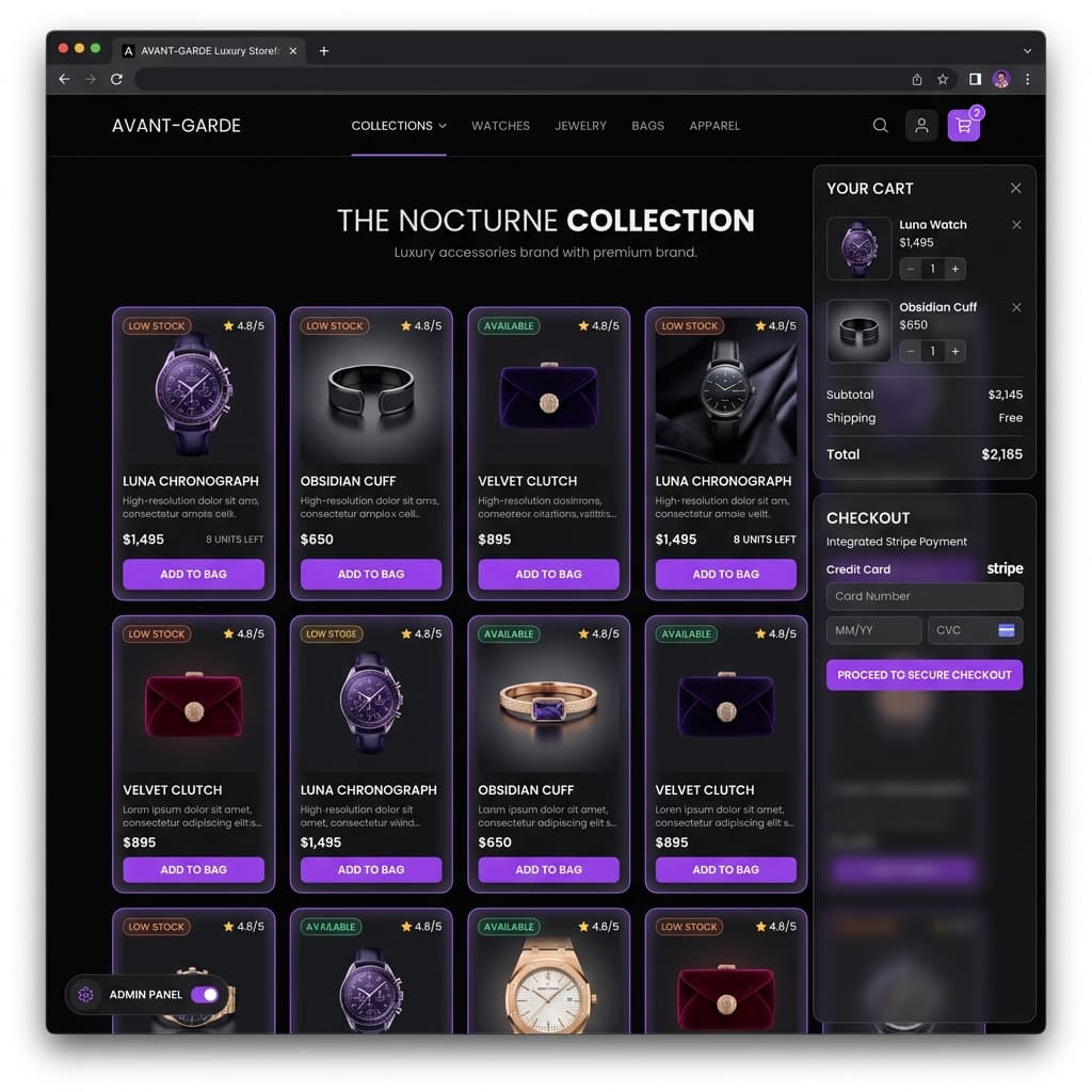 E-Commerce checkout flow interface showing product cards and Stripe payment integration.