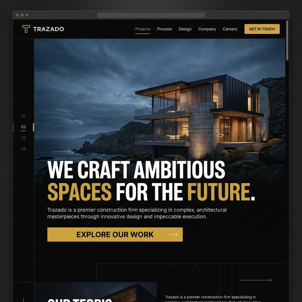 Landing page view displaying modern architectural 3D renders and clean typography.